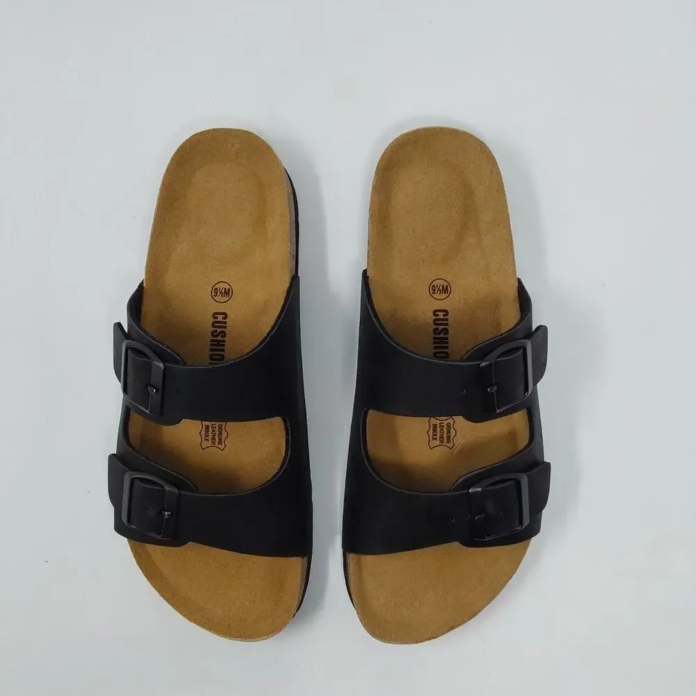 Cushionaire Lane Womens 9.5 Black Nubuck Leather Footbed Slide Sandals